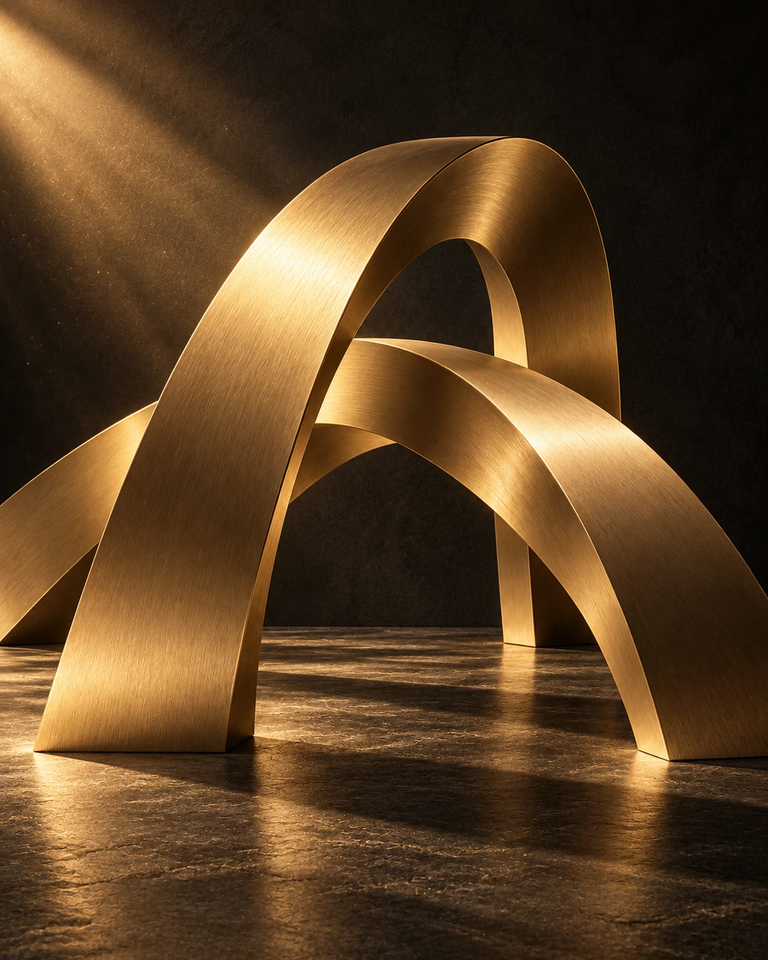 Champagne-gold sculptural arches intertwined in a dark architectural space